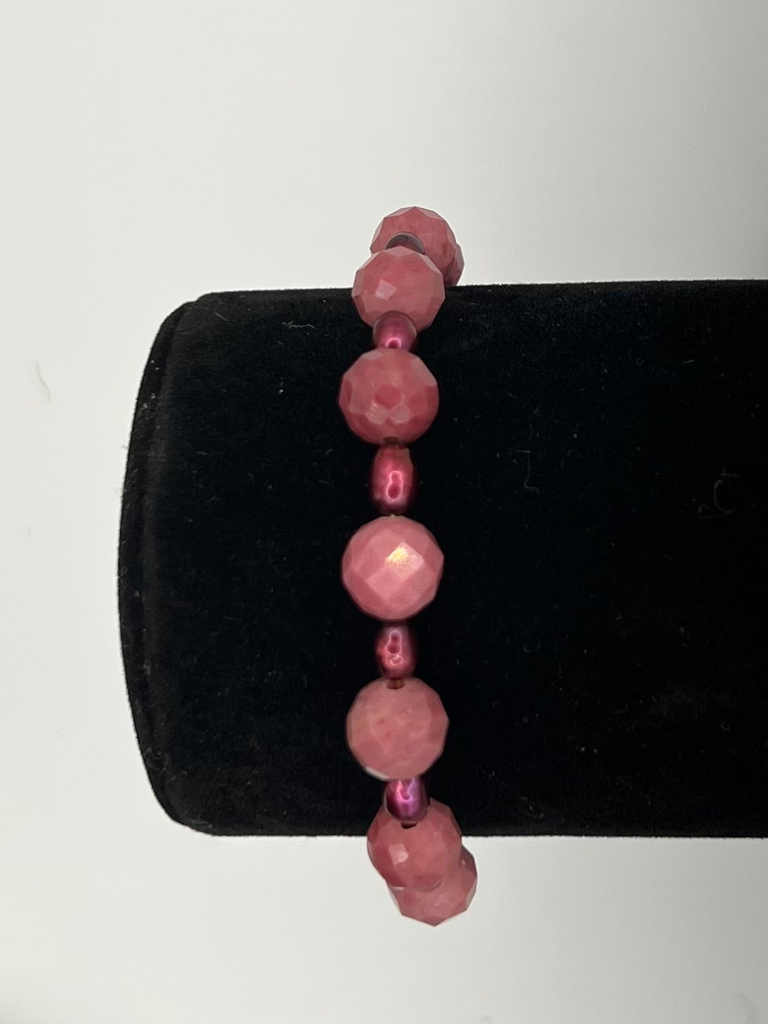 Faceted Rhodonite & Burgundy Crystal Lined Pearl & Sunstone Charm Bracelet