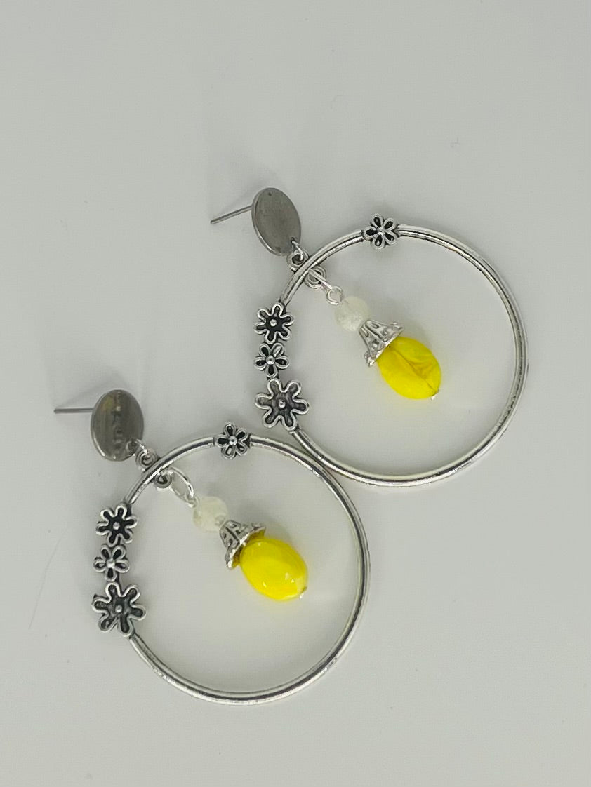 Antique Silver Tone and Yellow Hoop Earrings