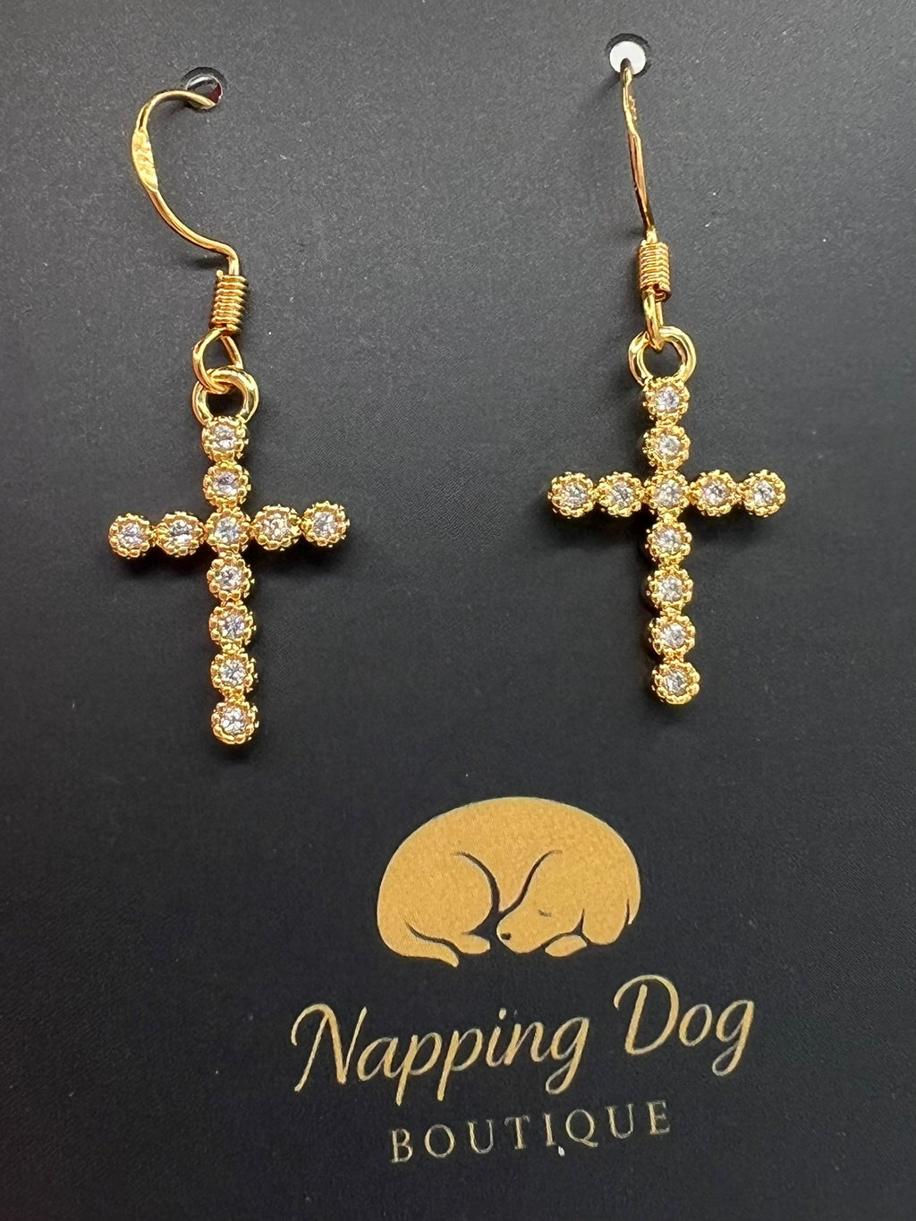Gold Tone and Rhinestone Cross Drop Earrings