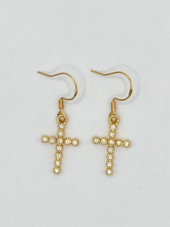 Gold Tone and Rhinestone Cross Drop Earrings