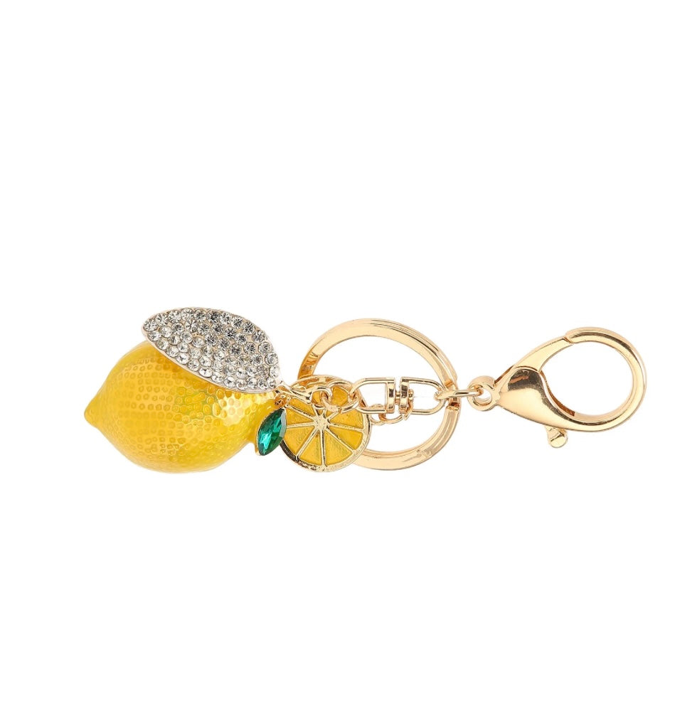 Rhinestone Lemon Keychain with Yellow Braided Strap
