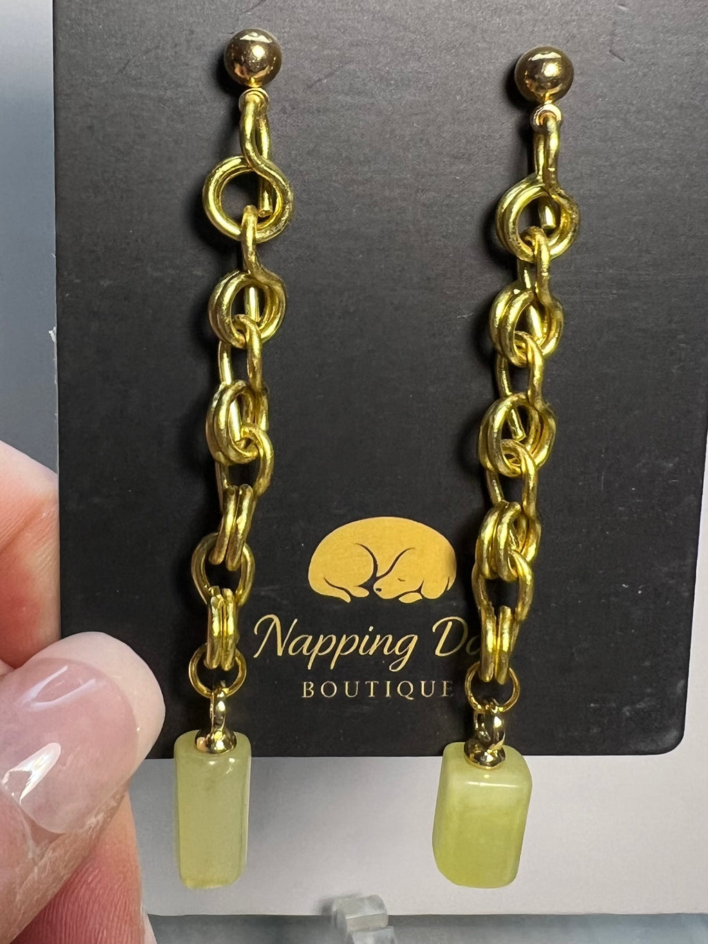 Hand-Wired Gold-Tone Chain Dangle Earrings with Pale Green Stone Drops