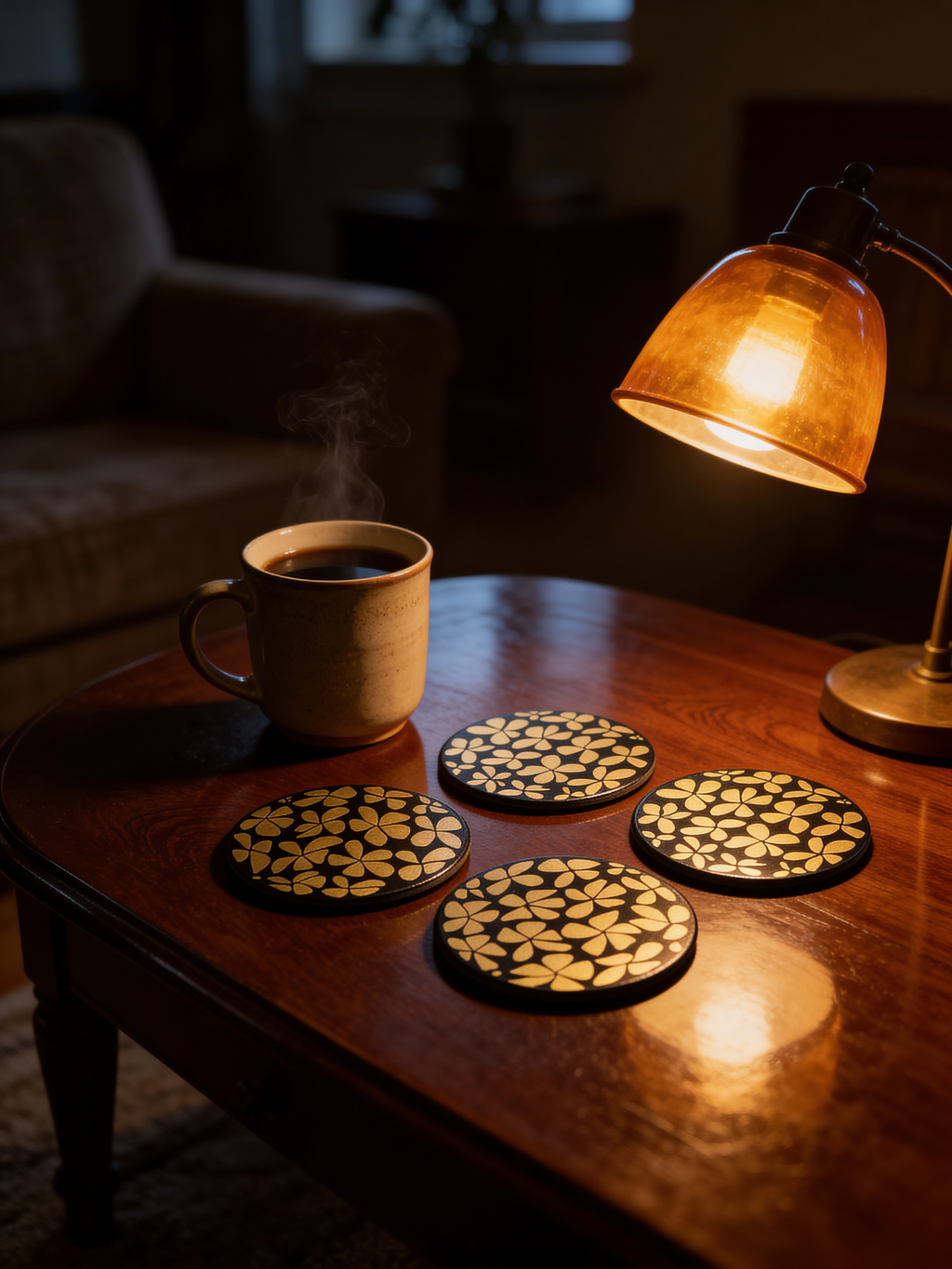 Hand-Painted Black and Gold Floral Coaster Set – Set of 4