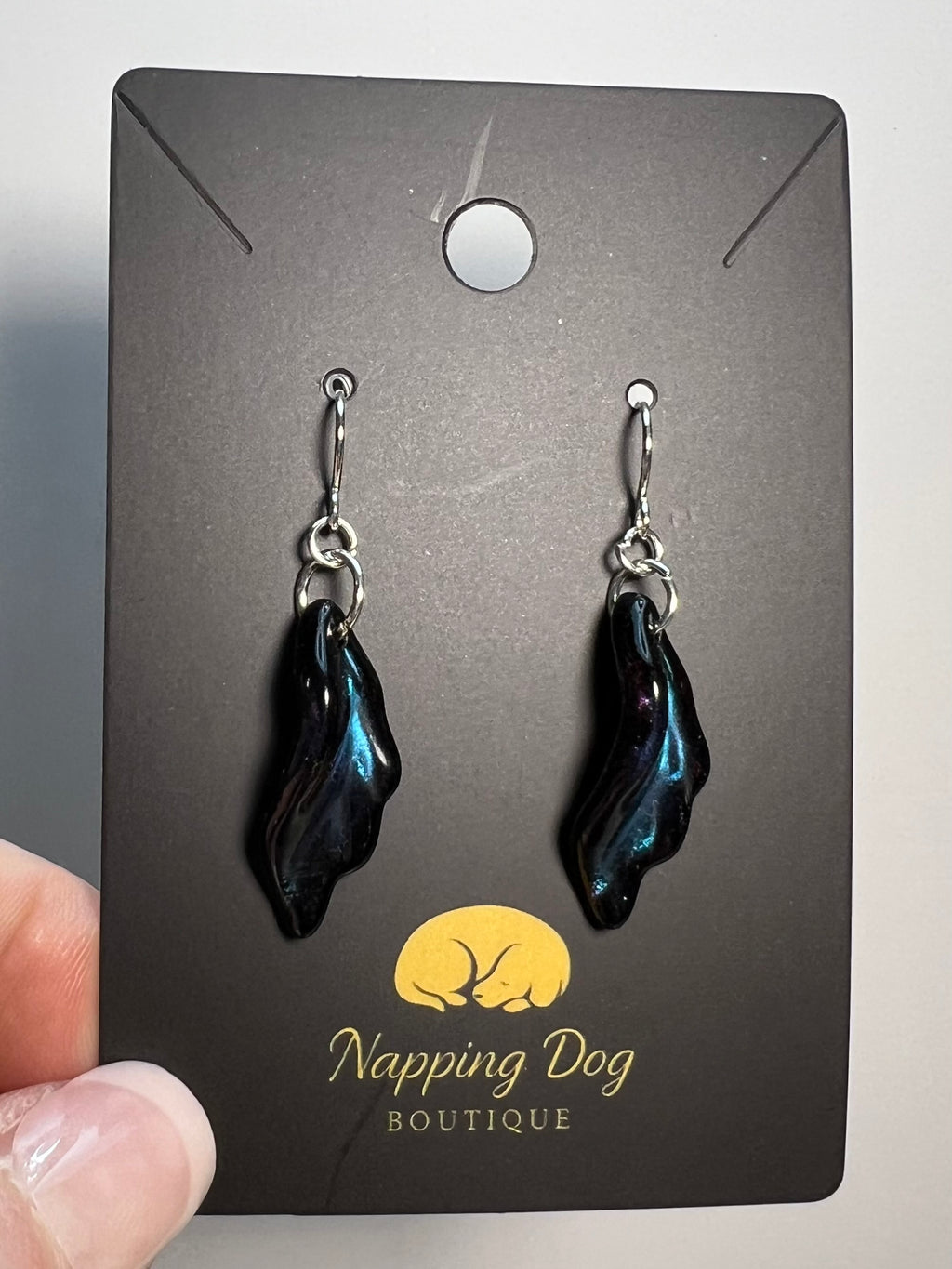 Black Glass Leaf Dangle Earrings with Blue Shimmer – Silver-Tone Earrings