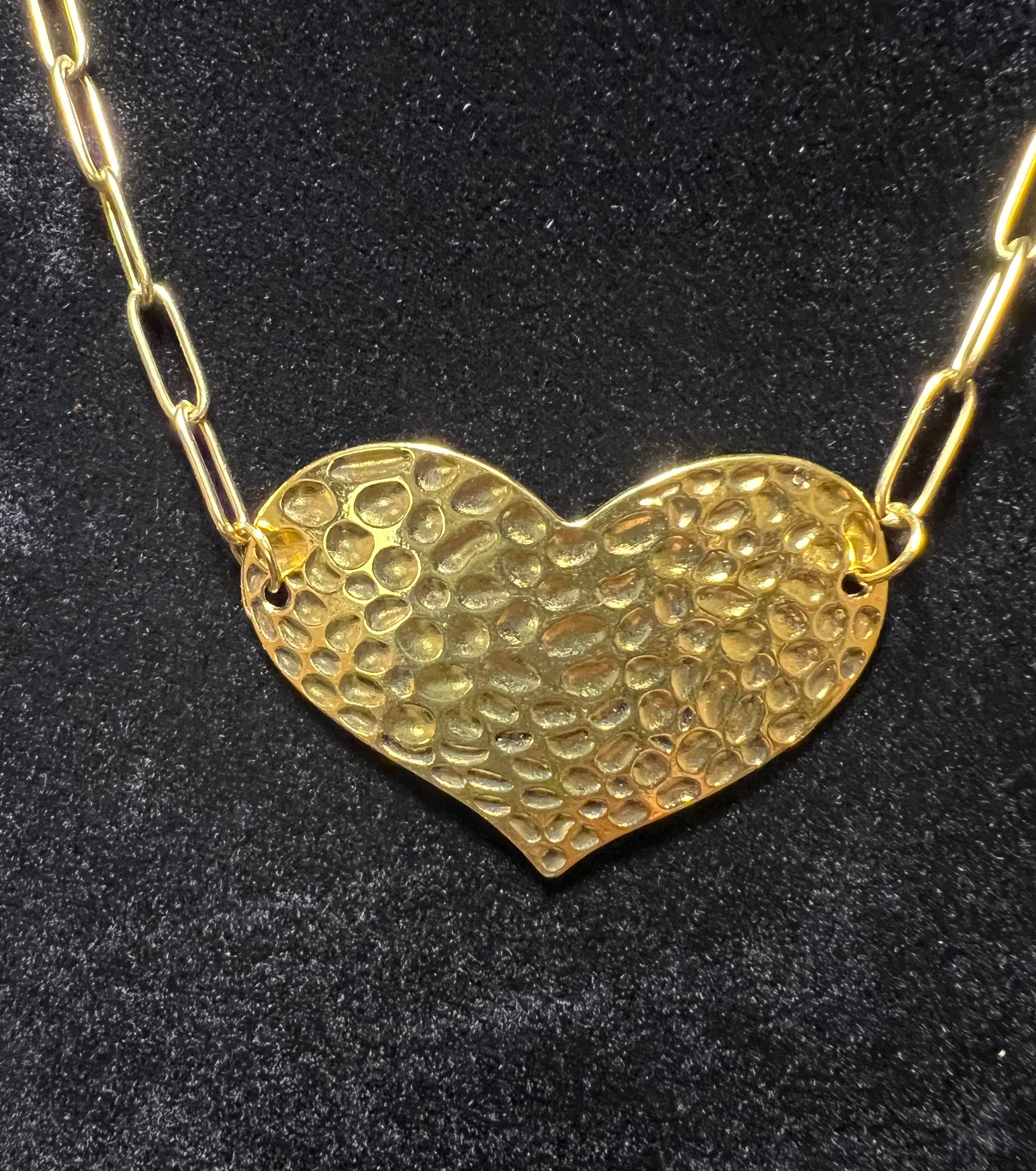 Gold Tone Hammered Heart Pendant Necklace – Stainless Steel Chain