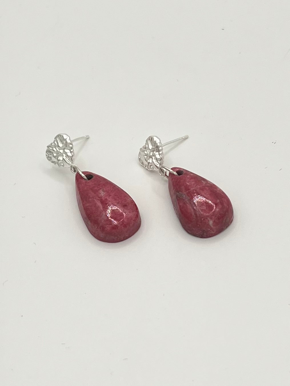 Genuine Russian Thulite Teardrop Earrings – Sterling Silver Heart Studs