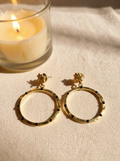 Matte Gold and Black Hoops Earrings Earrings with Vintage Flower Ear Posts