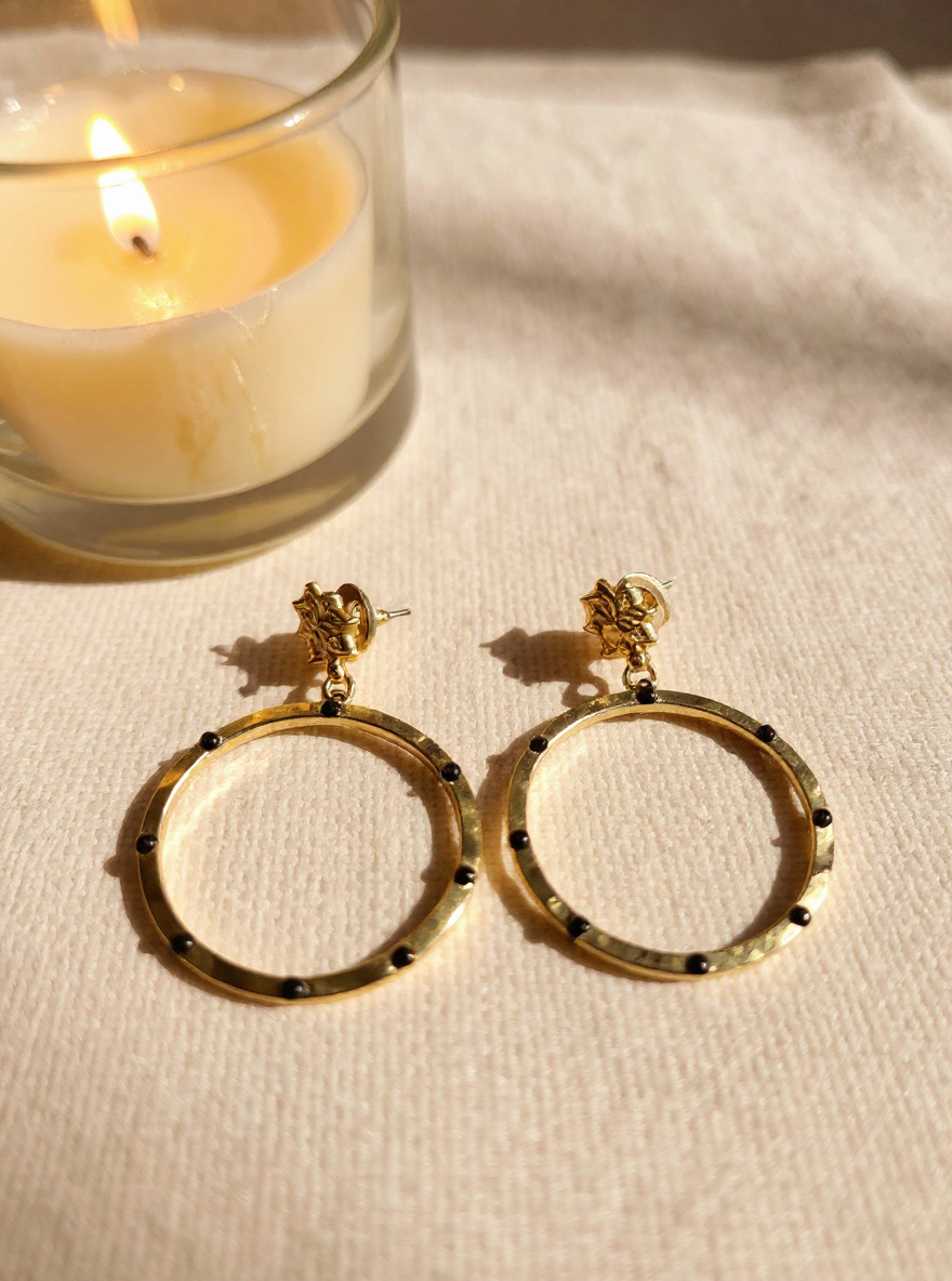 Matte Gold and Black Hoops Earrings Earrings with Vintage Flower Ear Posts