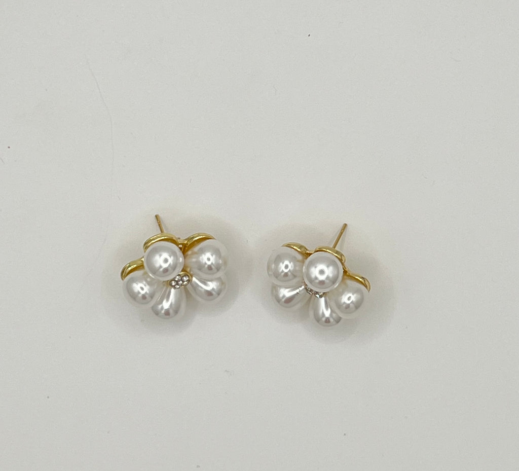 Gold Tone Faux Pearl Flower Stud Earrings with Rhinestone Center
