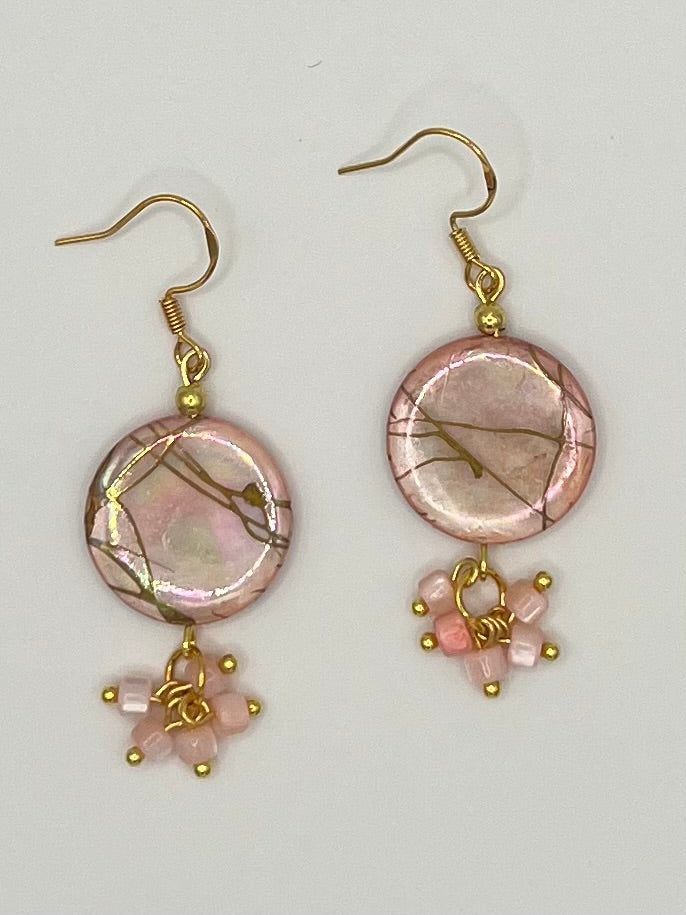 Pink & Gold Marble Dangle Earrings with Pink Shell Beads