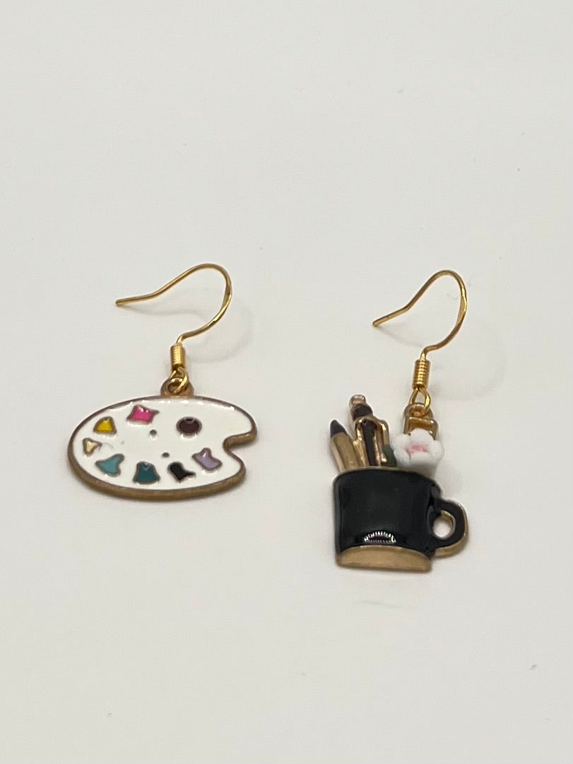 Artist Palette & Paint Brush Mug Earrings – Creative Mismatch Dangle Earrings