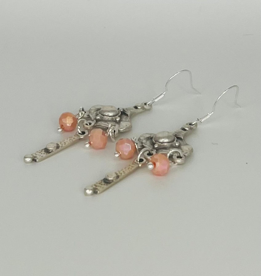 Antique Silver Dangle Earrings Accented with Pink Glass Beads