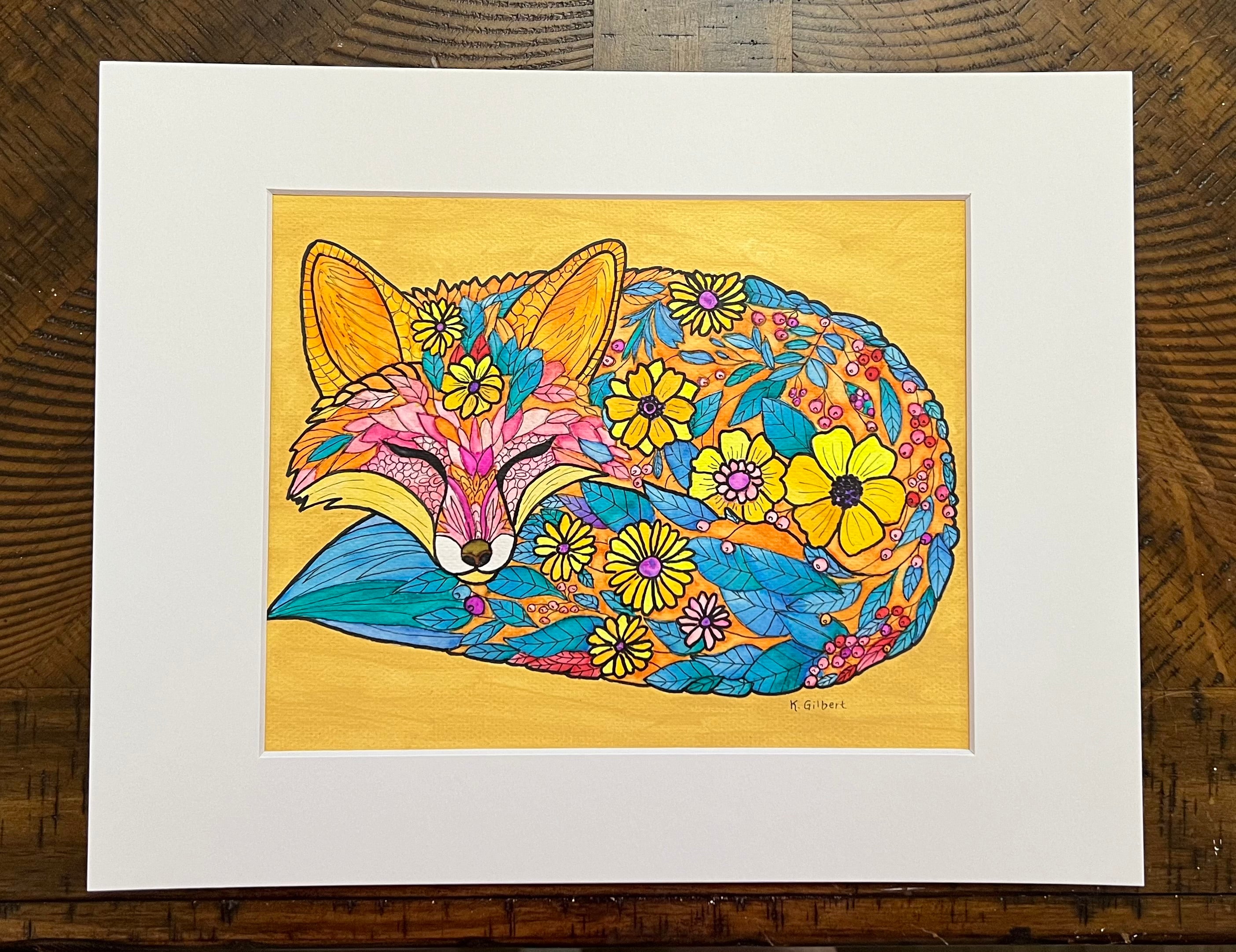 Whimsical Floral Fox Watercolor Painting – Original 9x12 Artwork with White Mat