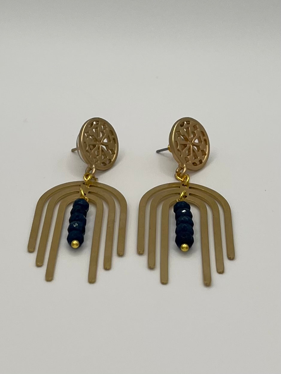 Gold Arch Dangle Earrings with Iolite Beads