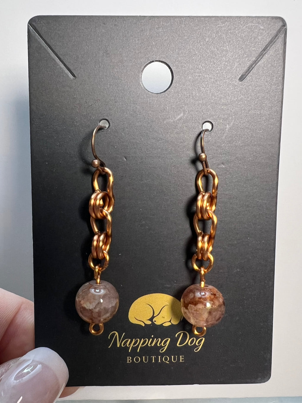Hand-Wired Copper Chain Dangle Earrings with Brown Stone Beads