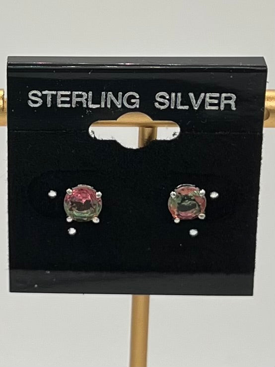 Sterling Silver Round Watermelon Tourmaline Earrings