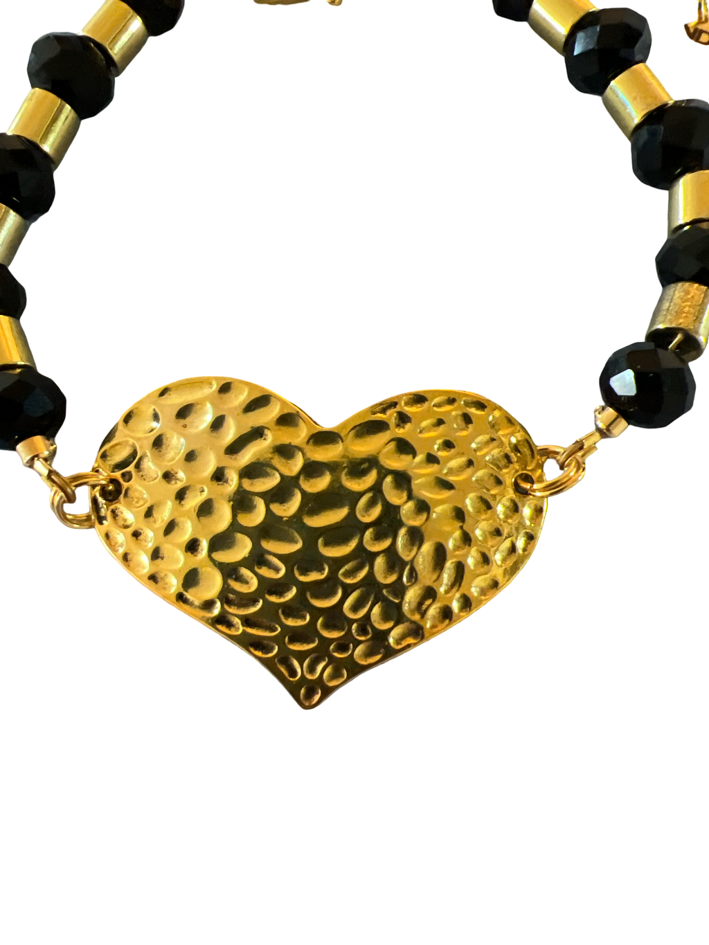 Gold Hammered Heart Bracelet with Black Beads