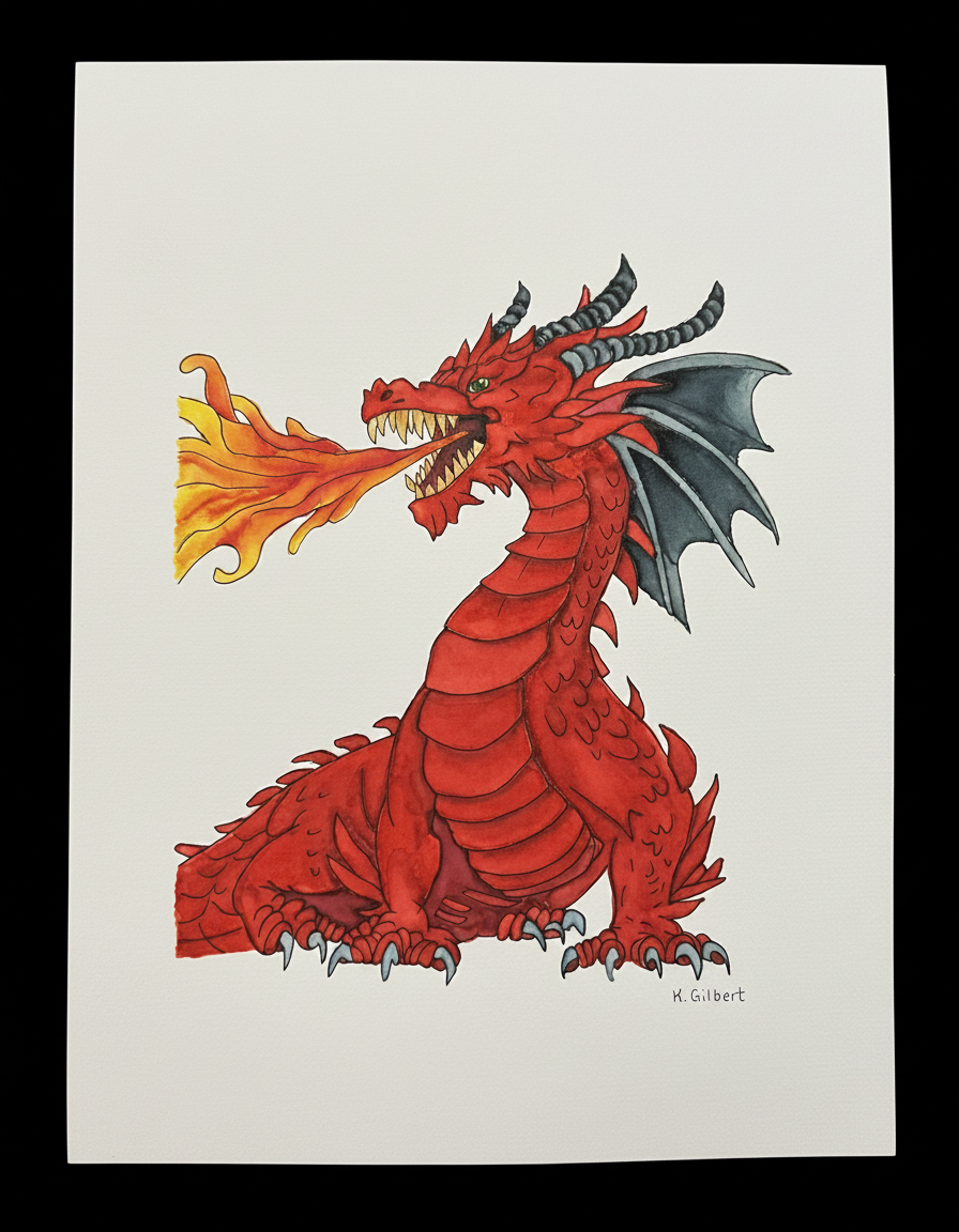 Red Fire Dragon Watercolor Painting – Original Fantasy Art
