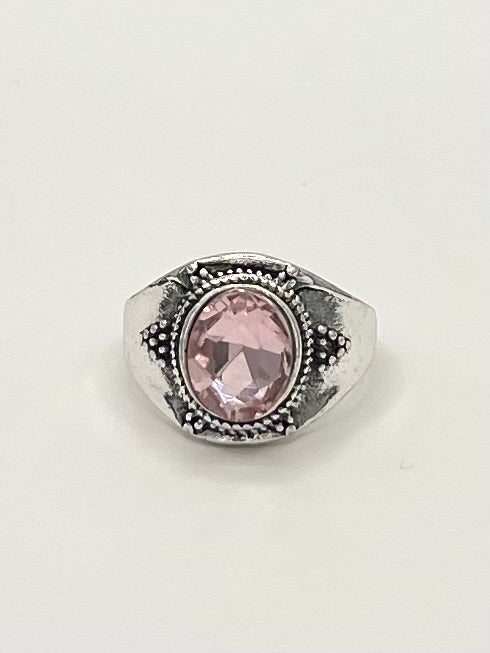 Pink Created-Sapphire Ring - Vintage-Inspired Silver Tone Setting