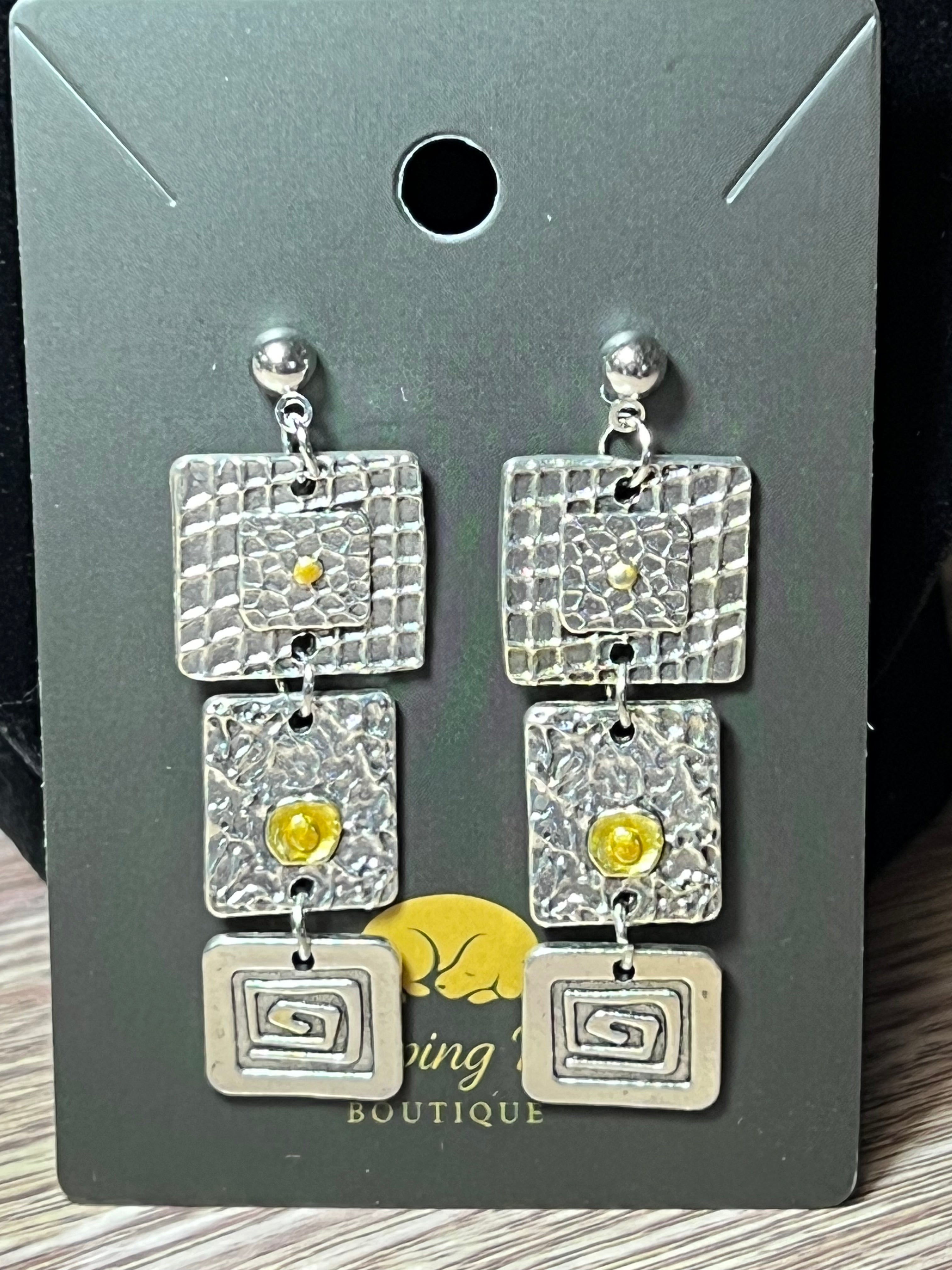 Silver Geometric Dangle Earrings with Gold Accents