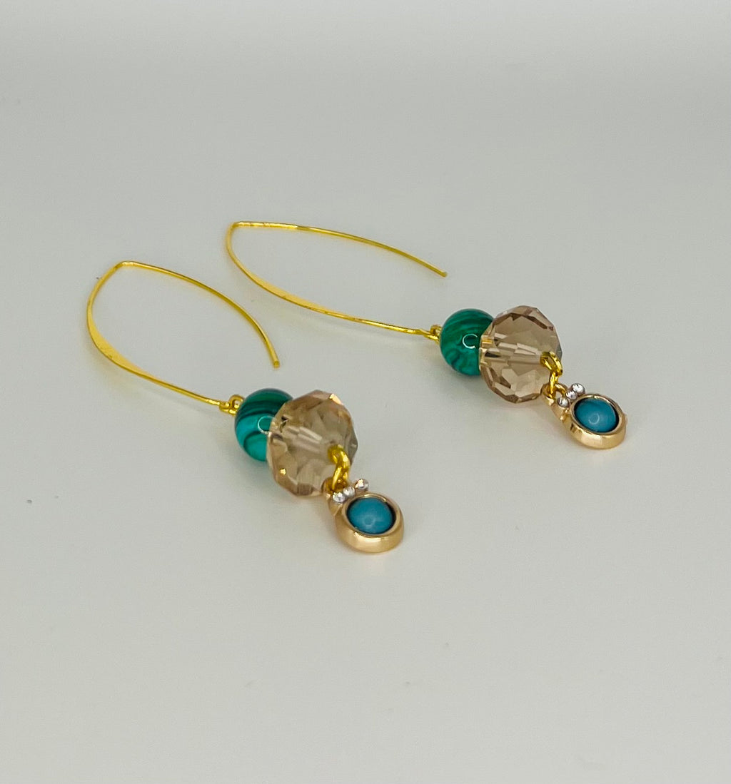 Gold and Green Long Dangle Earrings