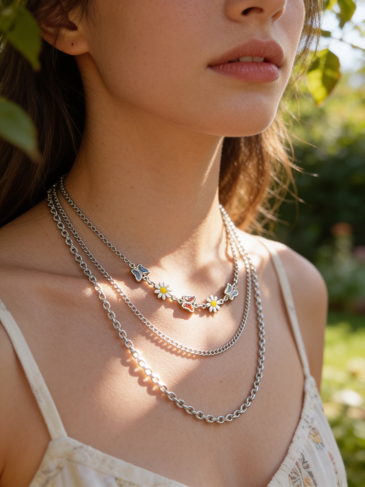 18K White Gold-Filled Triple-Layer Butterfly & Daisy Necklace (Copy)
