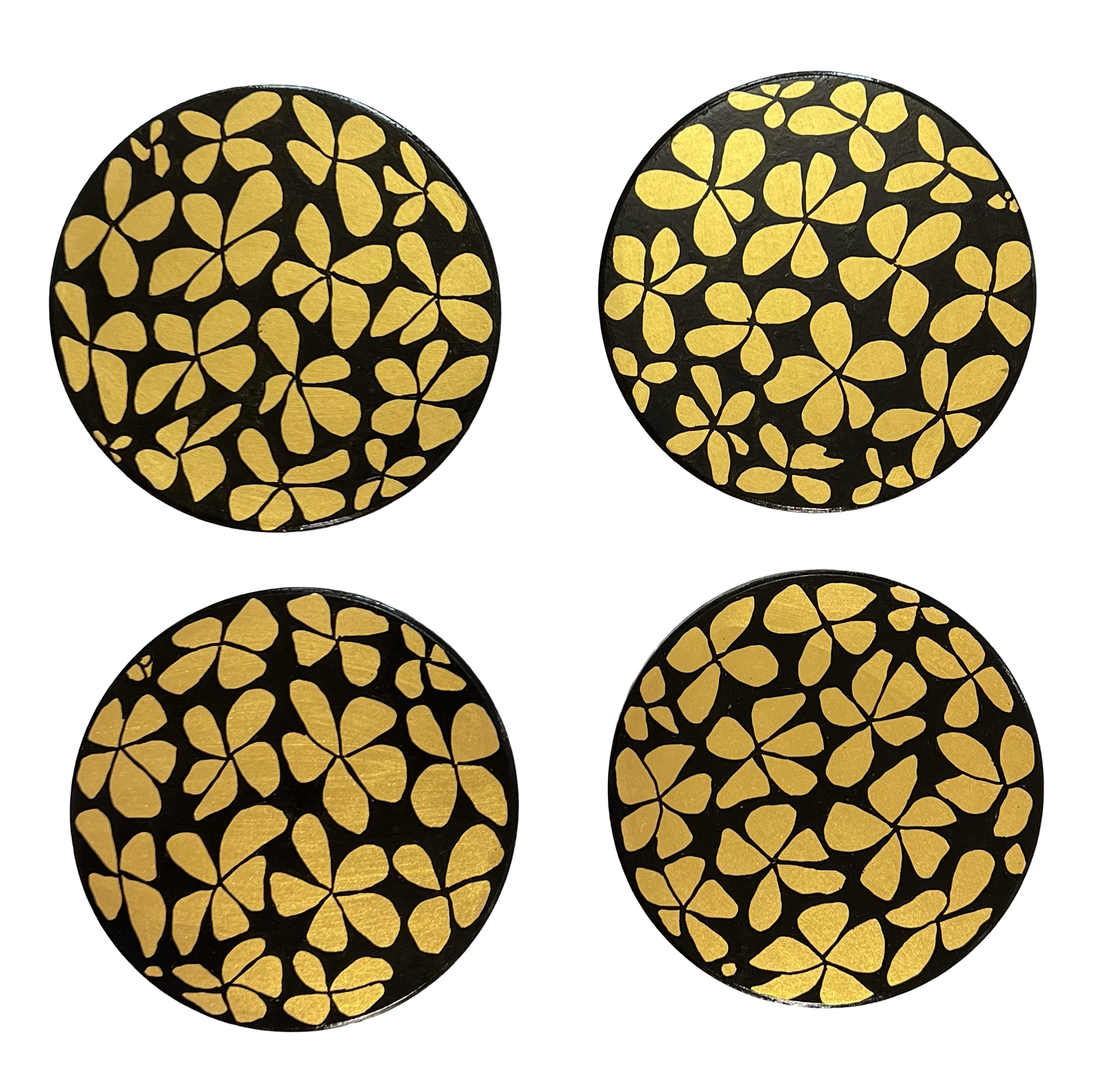 Hand-Painted Black and Gold Floral Coaster Set – Set of 4