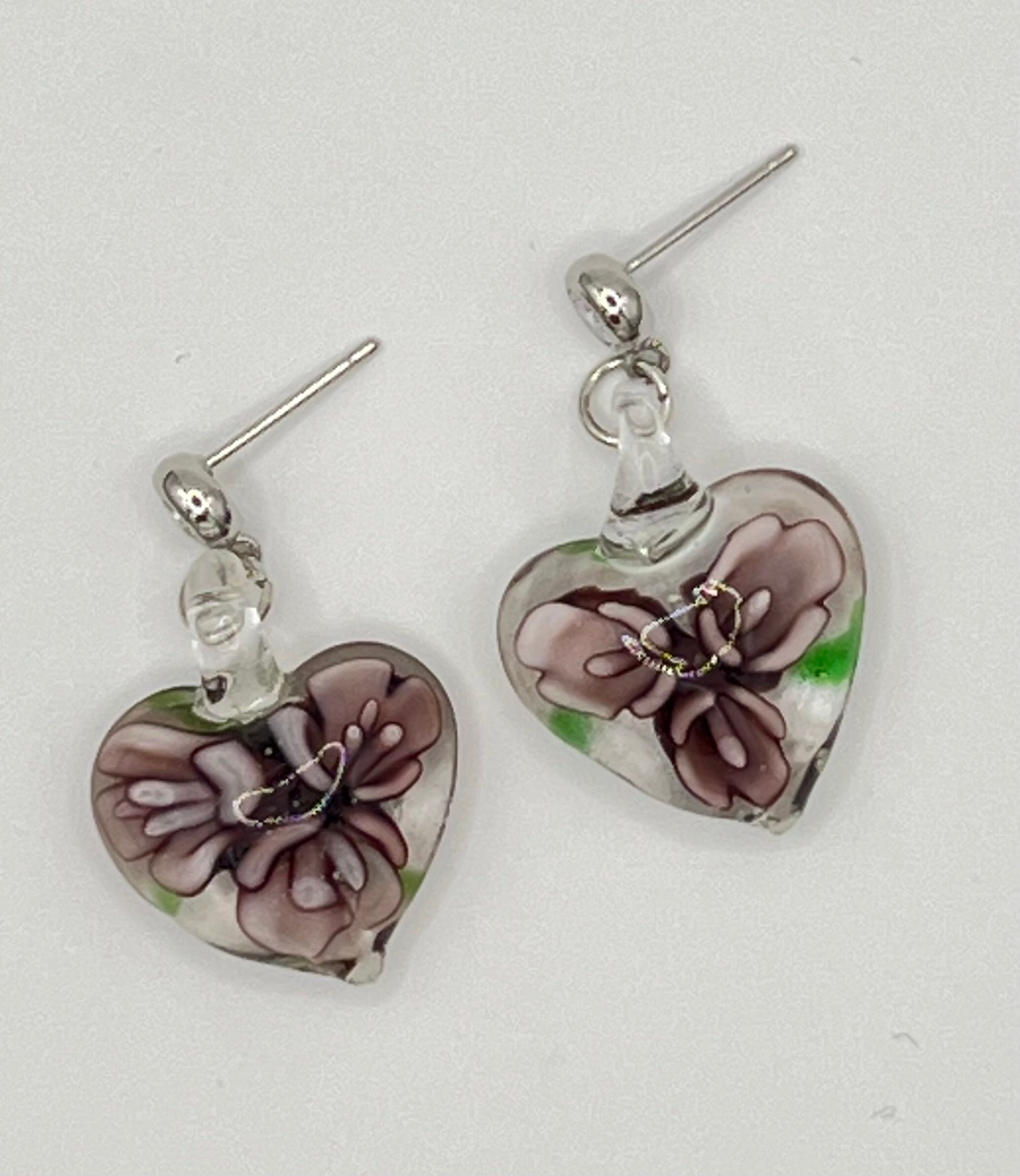 Purple Floral Murano Glass Dangle Earrings in Sterling Silver