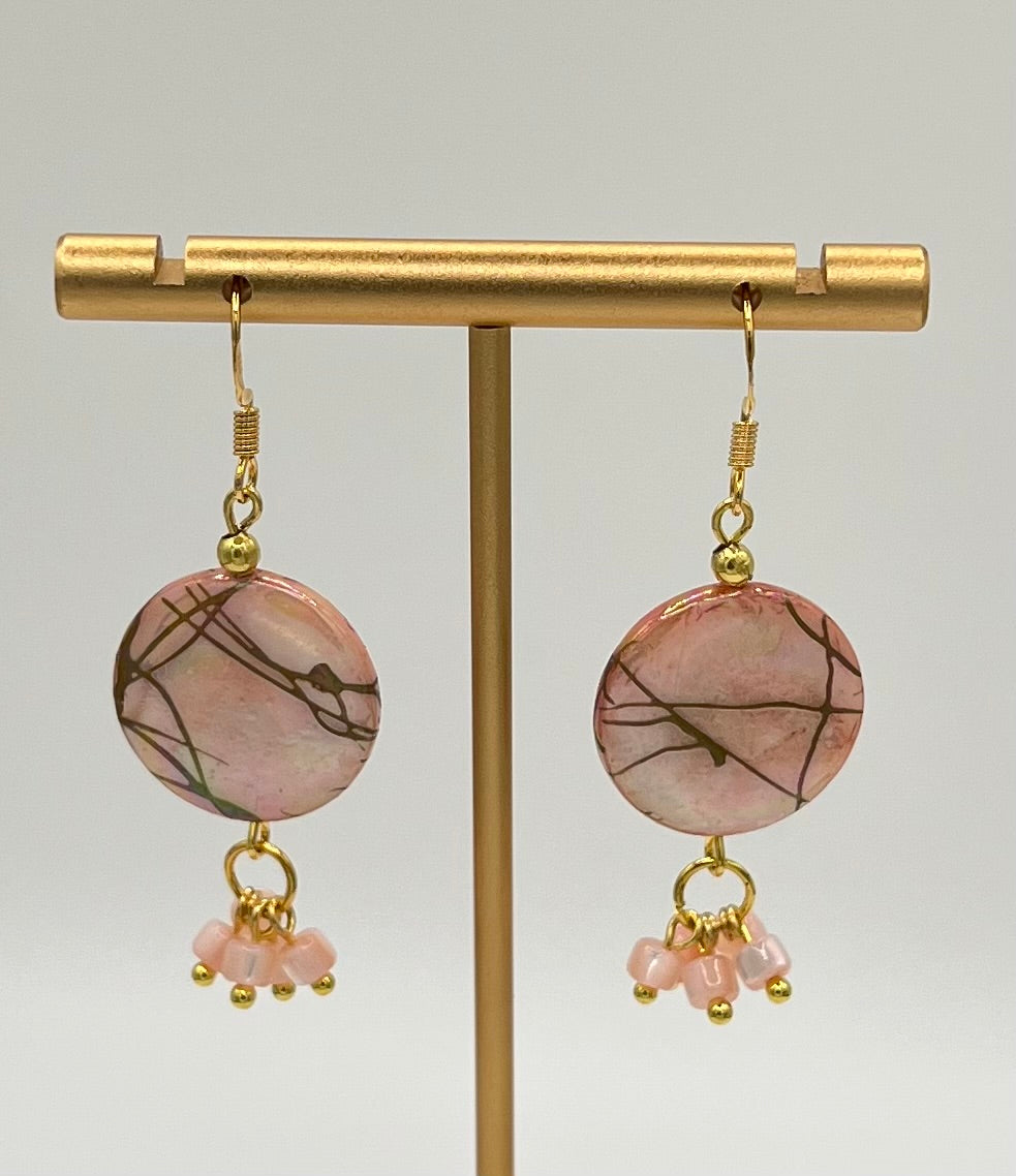 Pink & Gold Marble Dangle Earrings with Pink Shell Beads