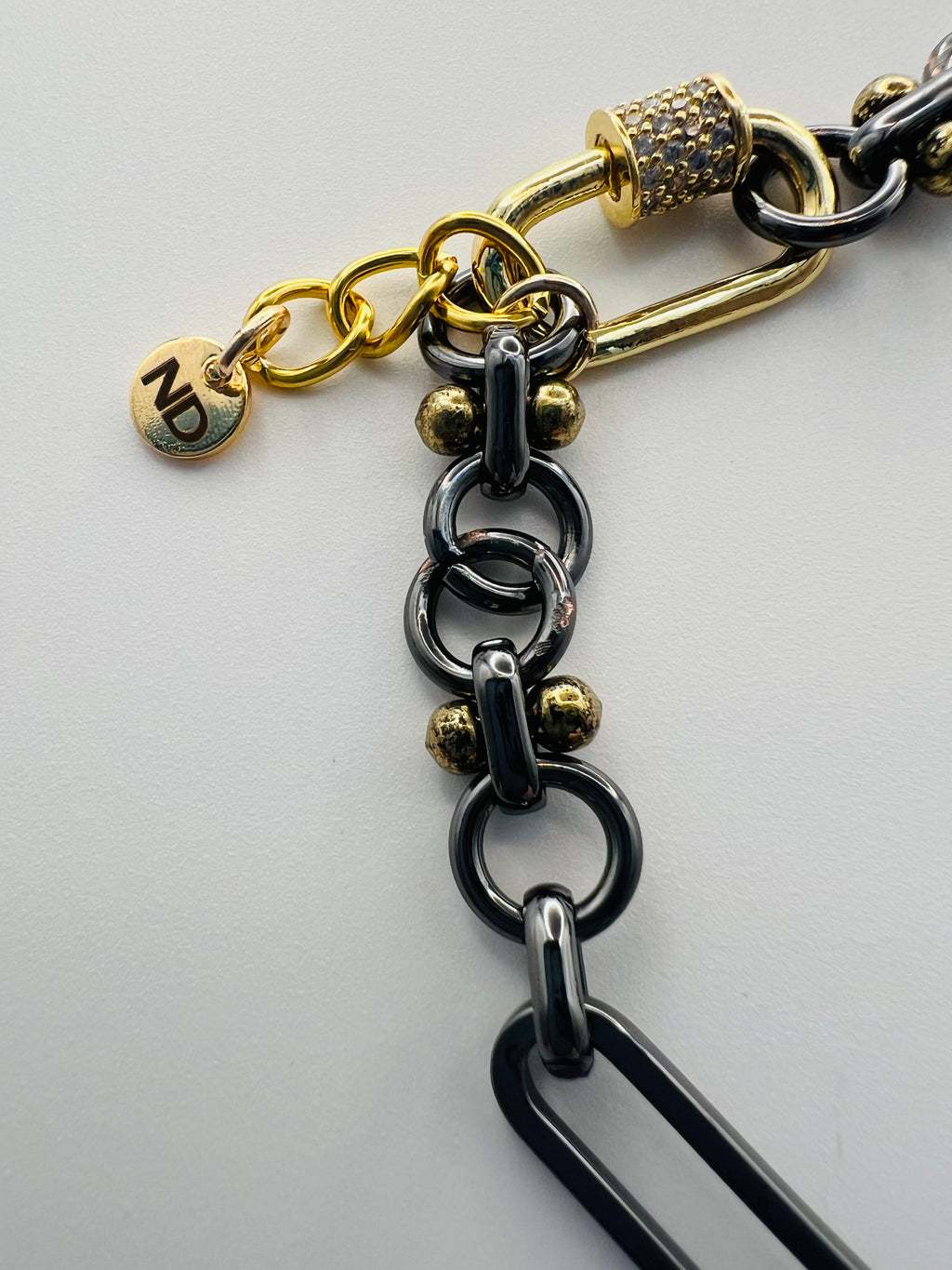 Gunmetal & Gold Tone Bracelet with Heart Faux Abalone Charm