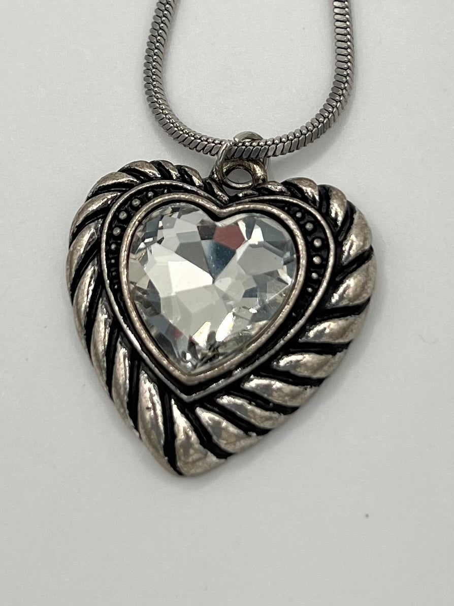 Stainless Steel Heart Pendant Necklace with Clear Crystal Accent
