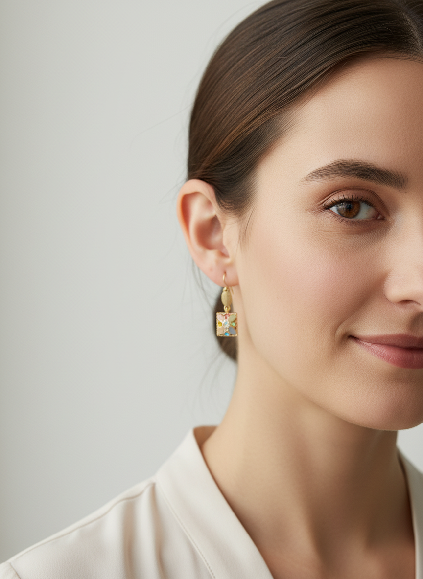 Gold Multi-Color Crystal Mosaic Dangle Earrings
