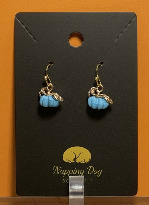 Blue Ceramic Pumpkin Dangle Earrings – Gold-Tone Fall Earrings