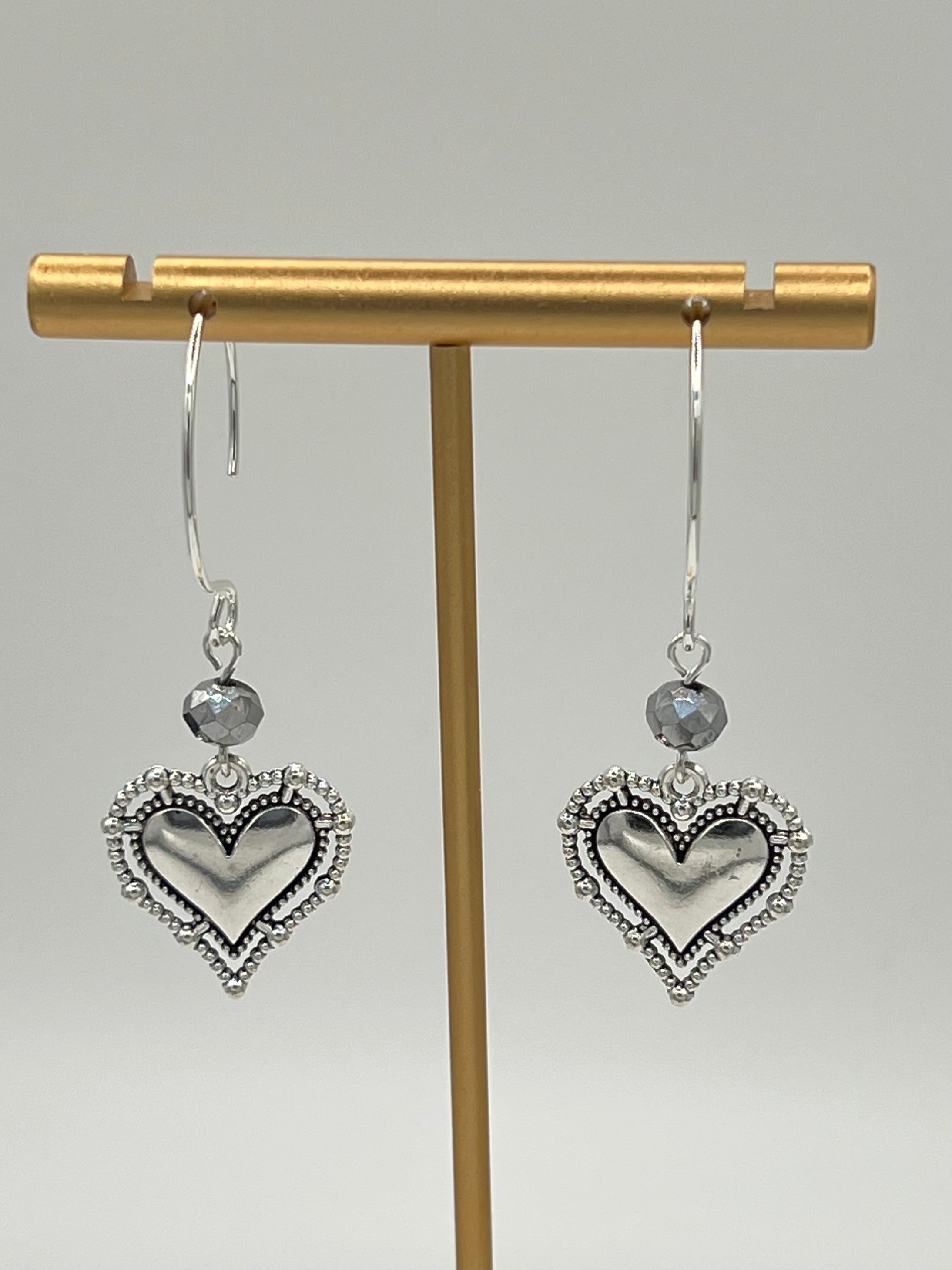 Silver Tone Heart Dangle Earrings with Faceted Bead