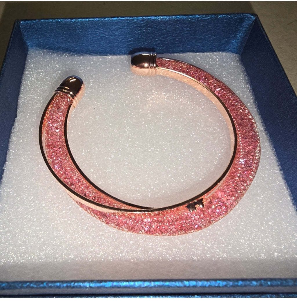 Pink Austrian Crystal Infinity Cuff Bracelet in Rose Gold Tone