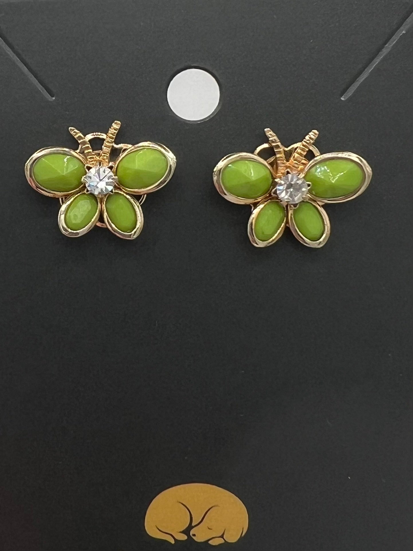 Green Bead Butterfly Stud Earrings with Crystal Accent