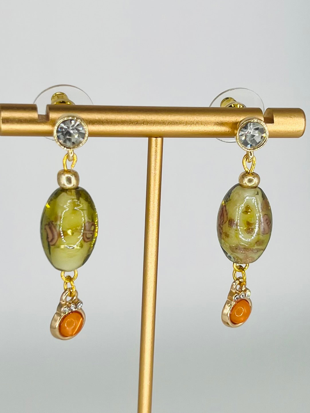 Murano-inspired Glass Bead Earrings Accented with Tangerine Bead and Crystal Ear Post
