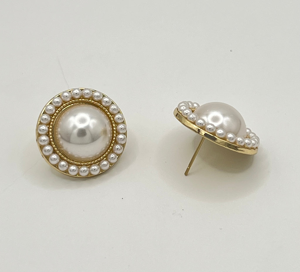 Gold Tone Faux Pearl Stud Earrings with Beaded Halo