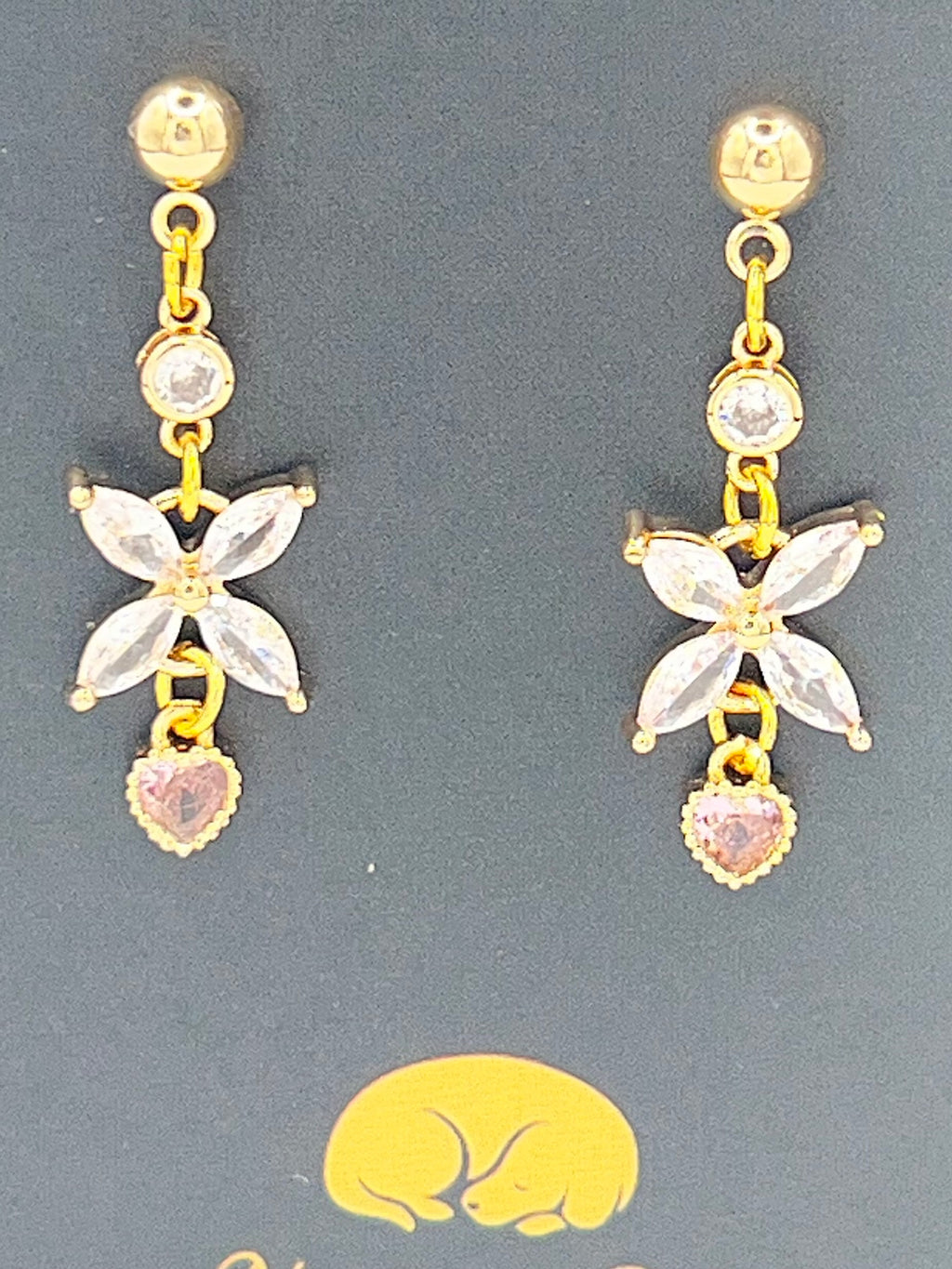 Gold Floral Crystal Dangle Earrings with Pink Heart Accent