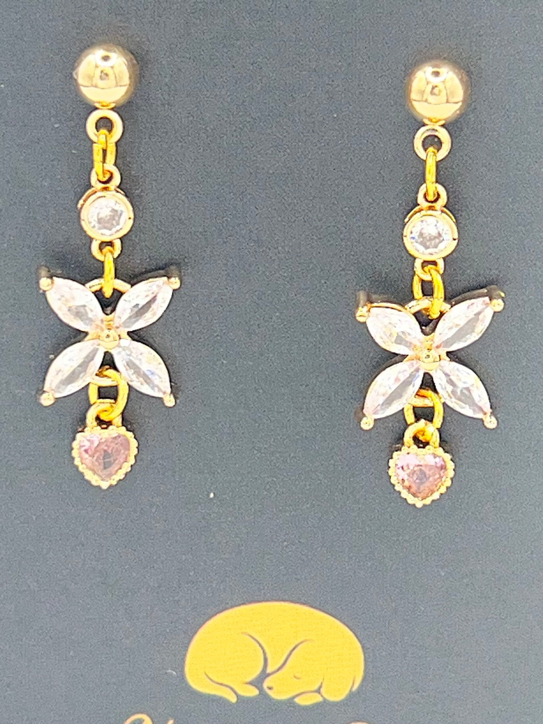 Gold Floral Crystal Dangle Earrings with Pink Heart Accent