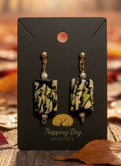 Ceramic Abstract Pattern Dangle Earrings with Pearl Accents – Gold-Tone Earrings