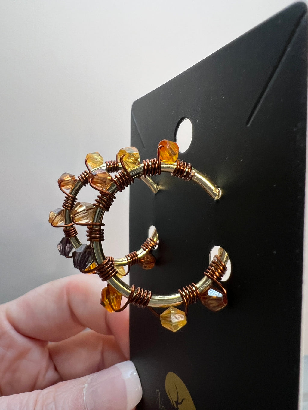 Hand-Wrapped Copper Hoop Earrings with Autumn-Toned Faceted Beads