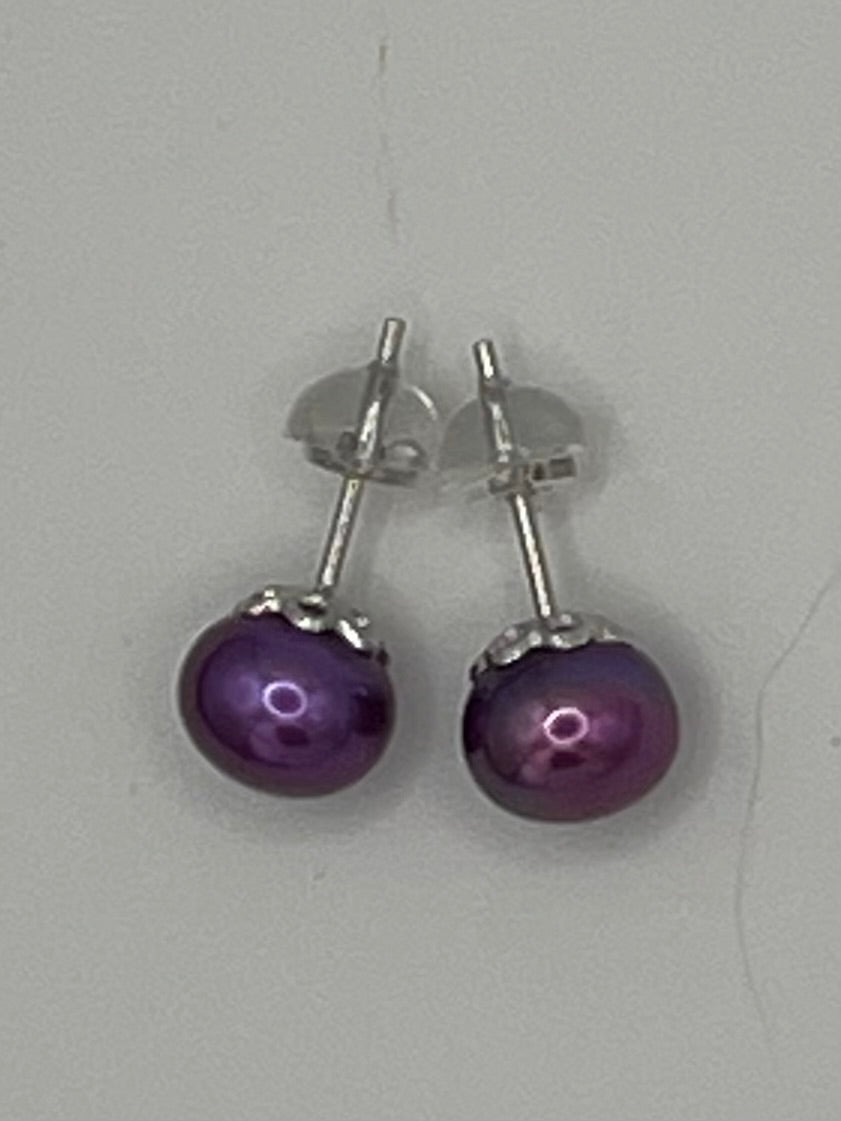 Purple Freshwater Pearl Stud Earrings in Sterling Silver