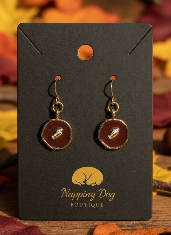 Football Button Dangle Earrings – Brown & Gold-Tone Game Day Earrings