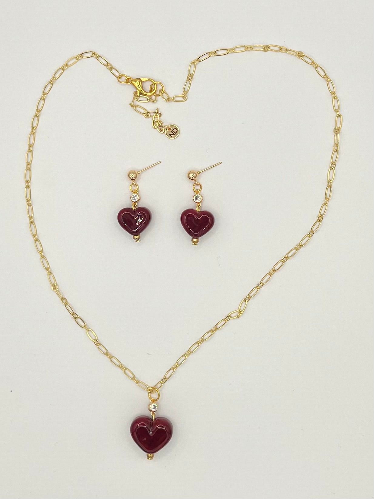 Handmade Lampwork Red Heart Necklace & Earring Set with Crystal Accents
