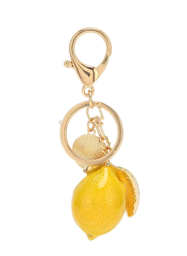 Rhinestone Lemon Keychain with Yellow Braided Strap