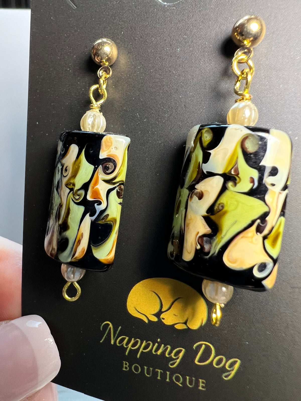Ceramic Abstract Pattern Dangle Earrings with Pearl Accents – Gold-Tone Earrings