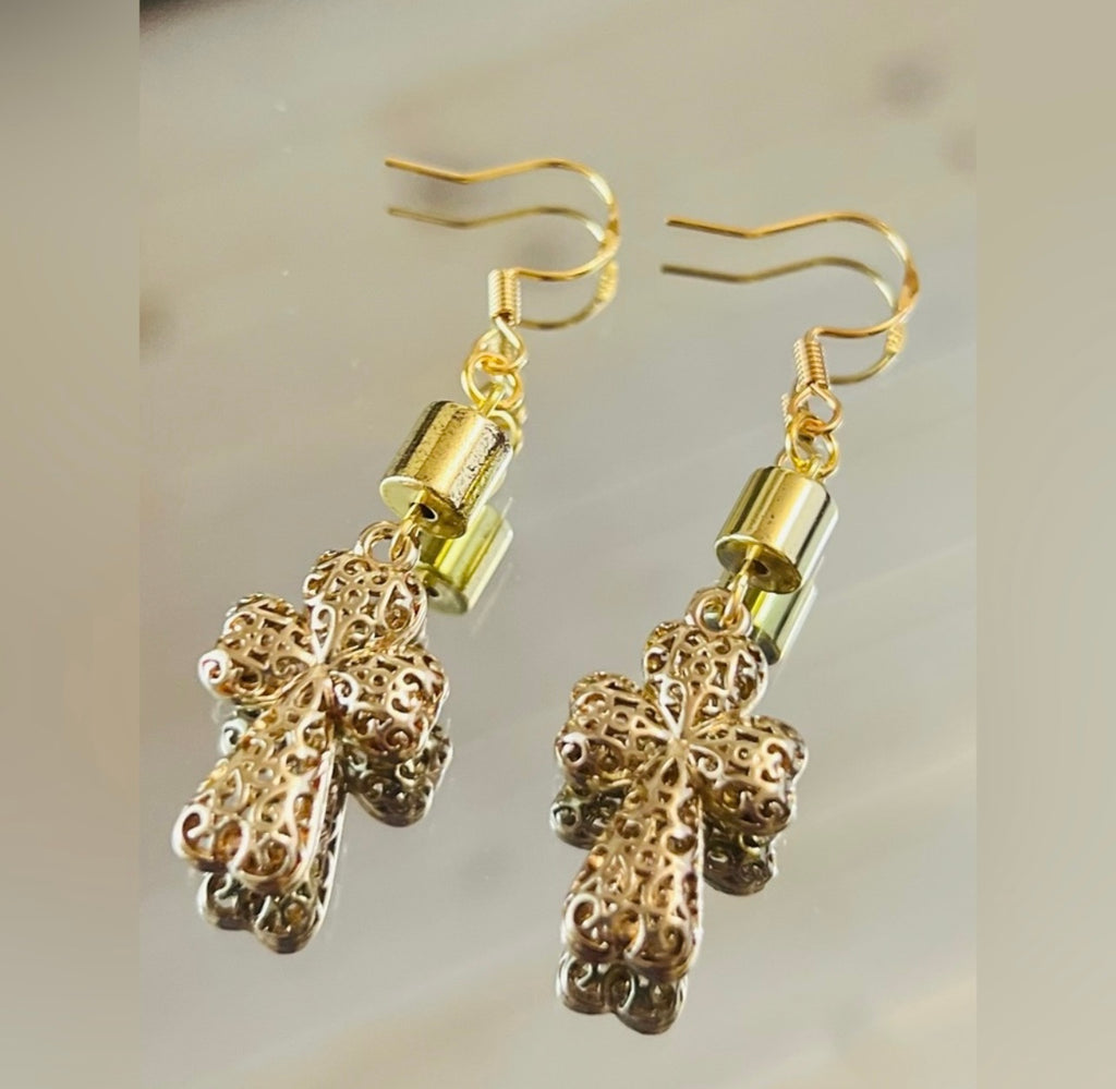 Gold Tone Puff Cross Earrings