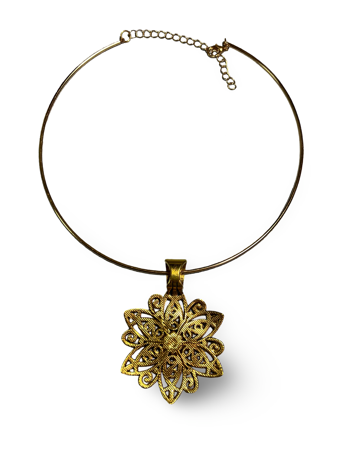 Antique Gold Floral Pendant Choker Necklace – Adjustable Statement Necklace