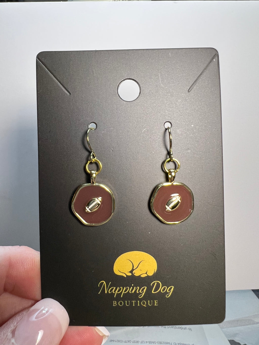 Football Button Dangle Earrings – Brown & Gold-Tone Game Day Earrings